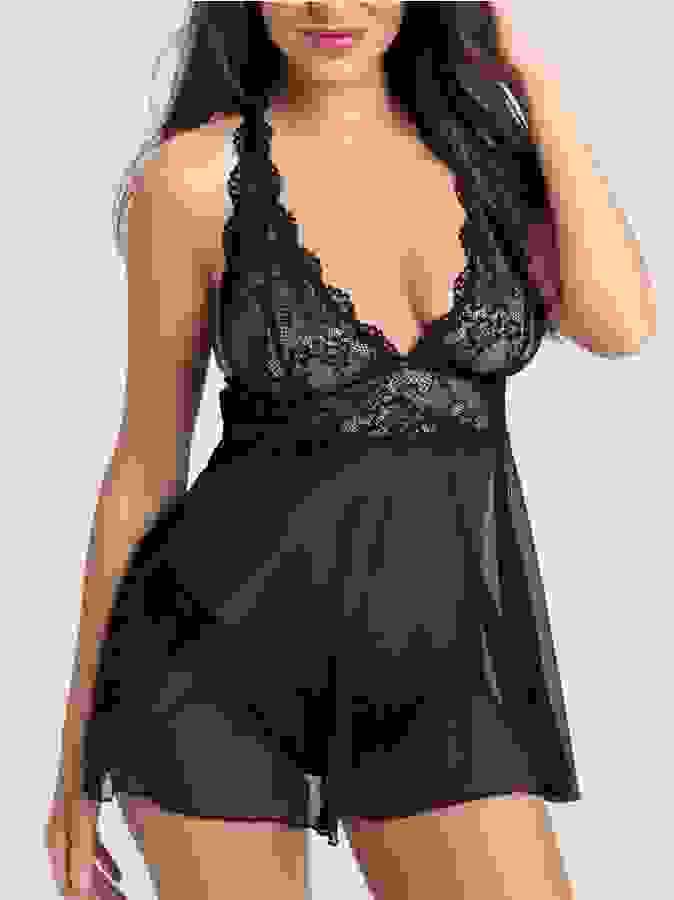 Lovehoney Bombshell Black Lace Babydoll Set , Black, hi-res